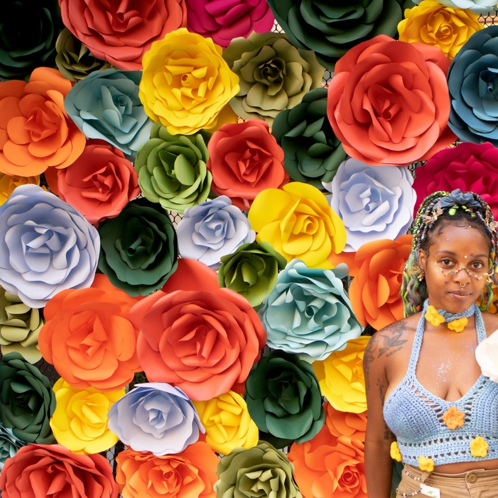 Handmade Blue Crochet Halter Top with Orange Flower Accents